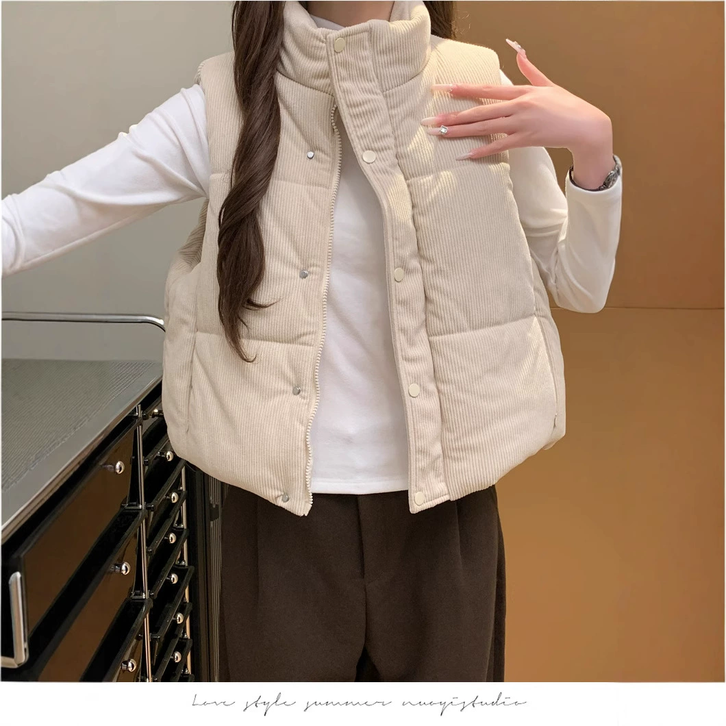 Женский хлопковый жилет на пуху, осень-зима 2025, новый корейский стиль, свободный хлопковый жилет с воротником-стойкой, однотонный хлопковый жилет-куртка