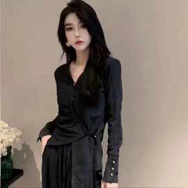 欧货网红显瘦女高品小众系带不规则长袖衬衫上衣纯色阔腿裤两件套