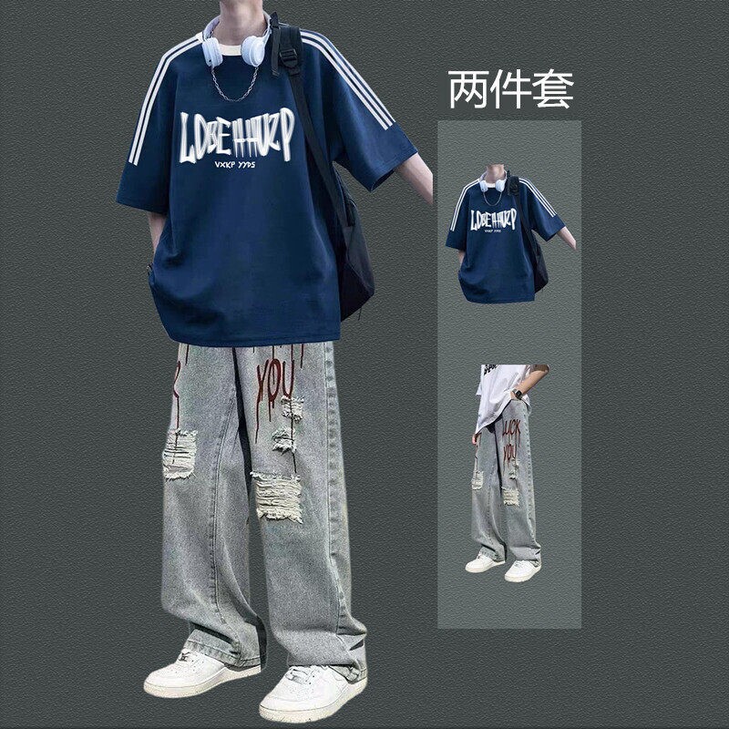 American Retro Three-Stripe Short-Sleeved T-Shirt Set for Boys, Trendy Cool Jeans, Summer Youth Fashion High Street Set