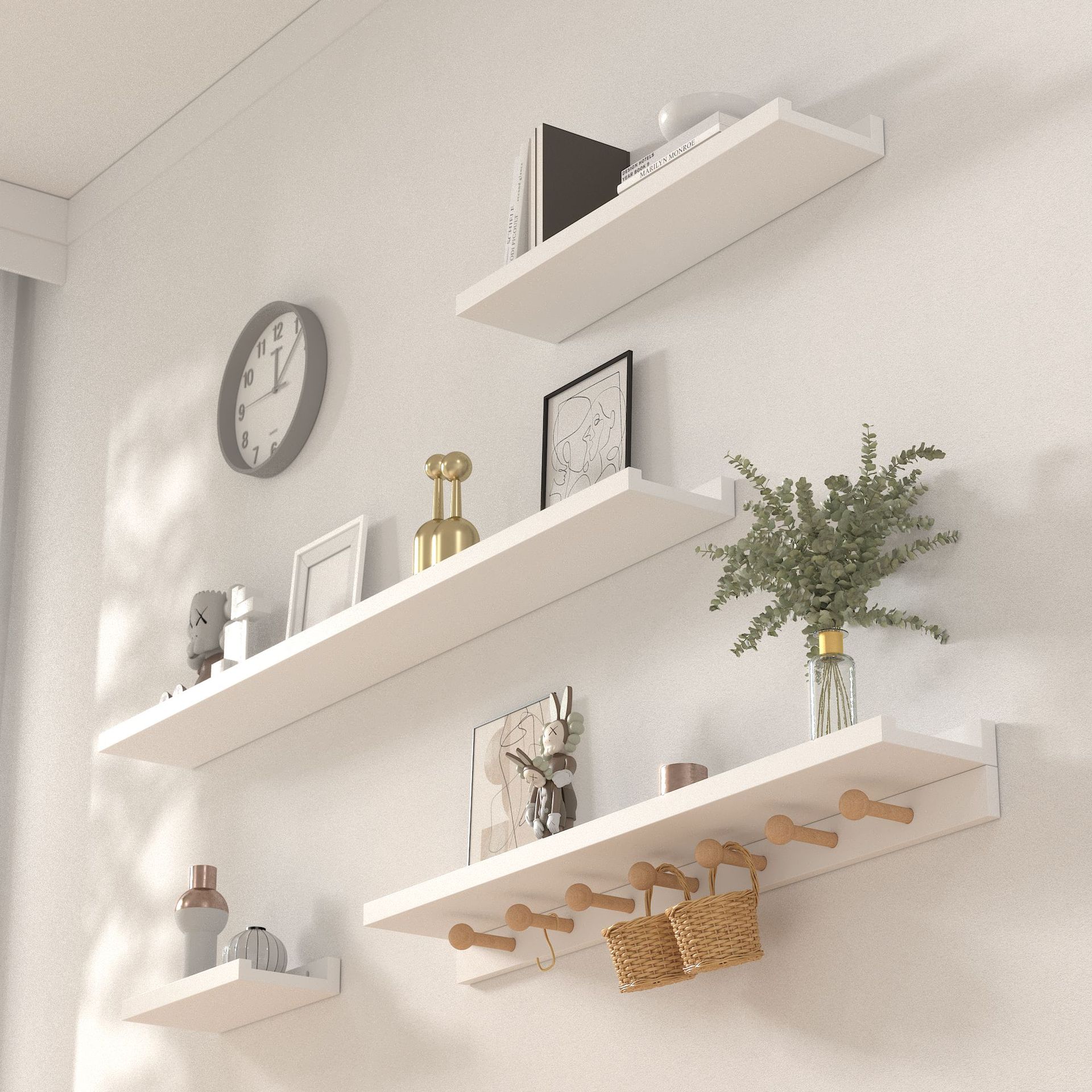 Estante de pared simple nórdico con gancho de fila de hongos madera maciza tablero de una palabra estante de palo perforable
