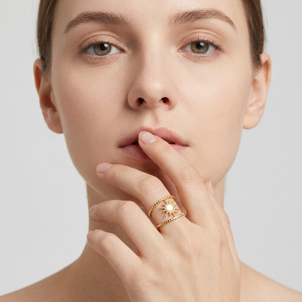 Cross-Border High-End Star-Shaped Titanium Steel Ring with Irregular Lines, Pearl and Heart Design, Non-Fading Open Ring for Women