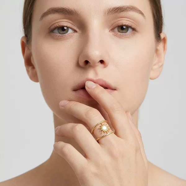 Cross-Border High-End Star-Shaped Titanium Steel Ring with Irregular Lines, Pearl and Heart Design, Non-Fading Open Ring for Women
