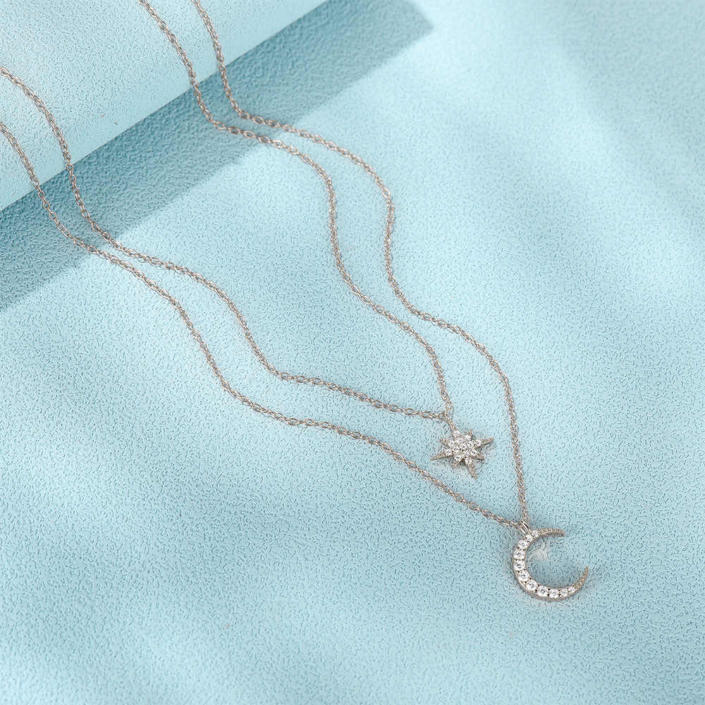 Plating, Inlay Design 925 Sterling Silver Zircon Cable Chain Plating Inlay Star Moon Double Layer Necklaces