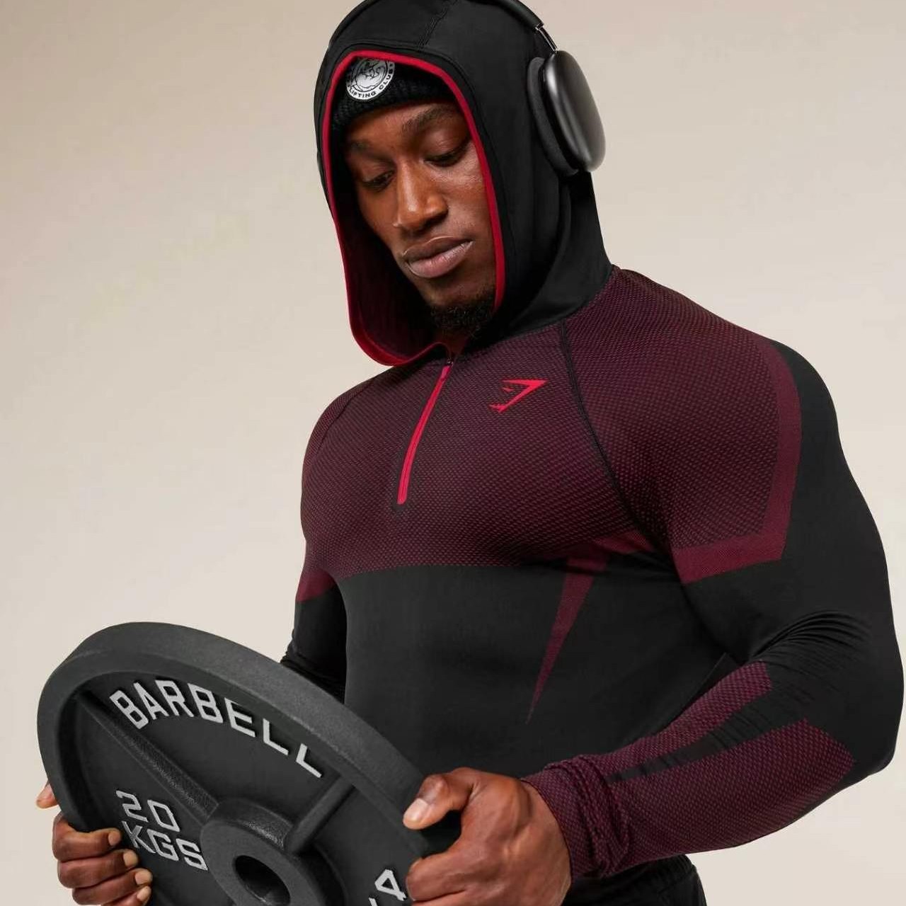 American-style SHARK shark logo fitness long-sleeve hoodie for men, suitable for sports training and cycling, elastic and quick-drying, half-zip sweatshirt