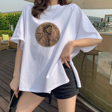 韩版24夏季新款纯白短袖原宿风大版两边开叉纯棉半袖T恤女