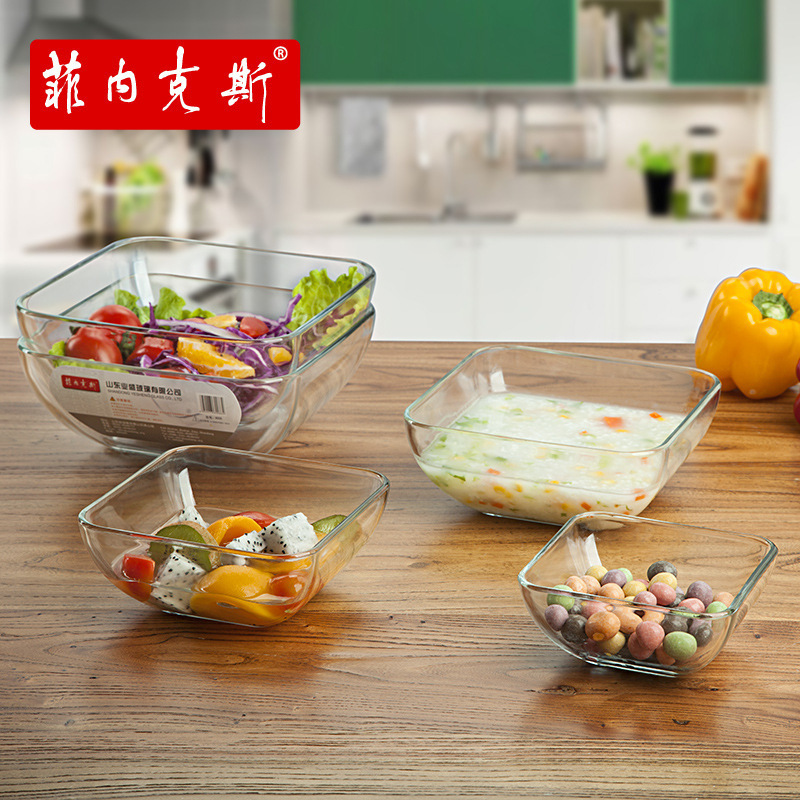 Fenex tempered glass rice bowl transparent salad bowl square tableware square dessert bowl microwave oven Bowl suit