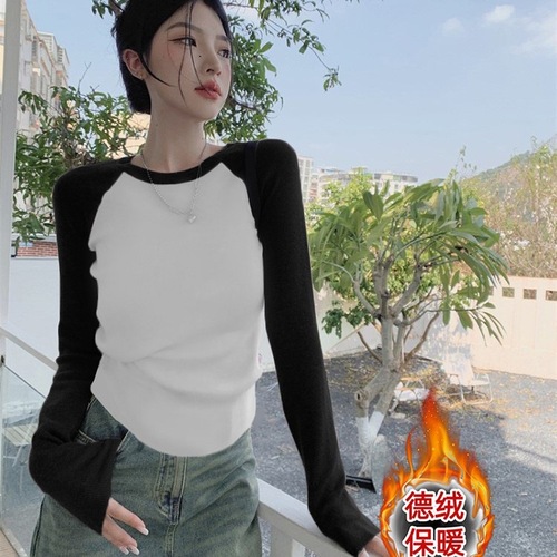 American sweet and spicy color-blocked crew neck T-shirt for women, suitable for spring and autumn, retro chic, unique top, long sleeve undershirt