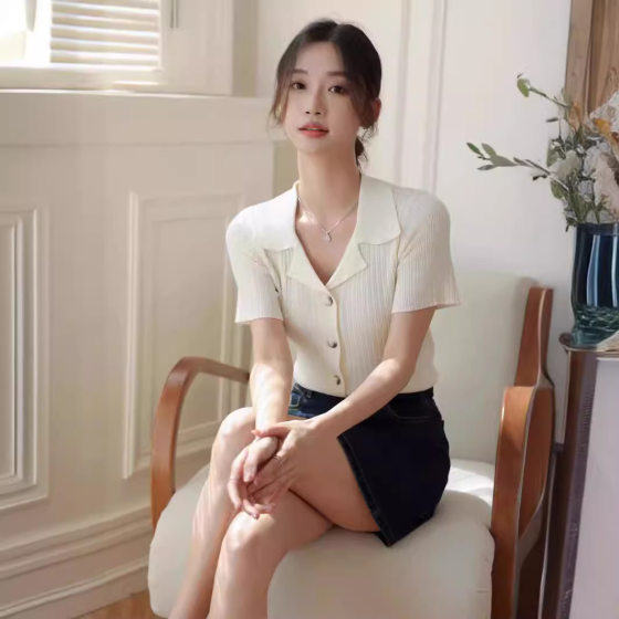 Elegant and Fashionable Small Fresh Ice Silk Knitted Sweater Women's Summer Polo Lapel Short-sleeved V-neck Slim-fit All-match T-shirt