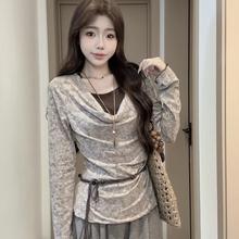 T恤衫假两件扎染风挂脖针织衫纯欲套头长袖辣妹女秋季荡领小上衣