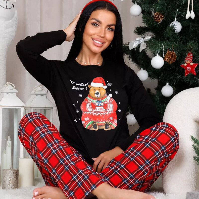 Cross-Border European and American Christmas New Year Plaid Printed Long-Sleeved Trousers Pajamas Set Home Clothes Amazon European and American Style