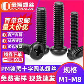 PM碳钢黑色圆头十字螺丝十字盘头螺钉螺栓圆头小螺丝钉M1.6M3M4M6