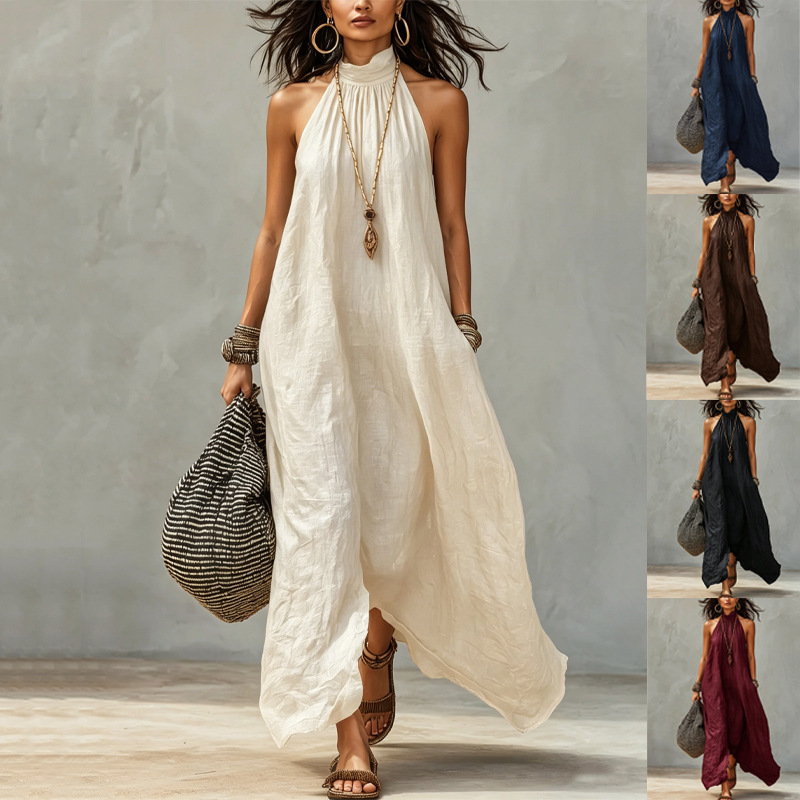 European and American hot girl holiday style halter neck long dress for women, backless, ruched, loose, off-shoulder, bohemian cross-border dress for women European and American hot girl holiday style halter neck long dress for women, backless, ruched, loose, off-shoulder, bohemian cross-border dress for women