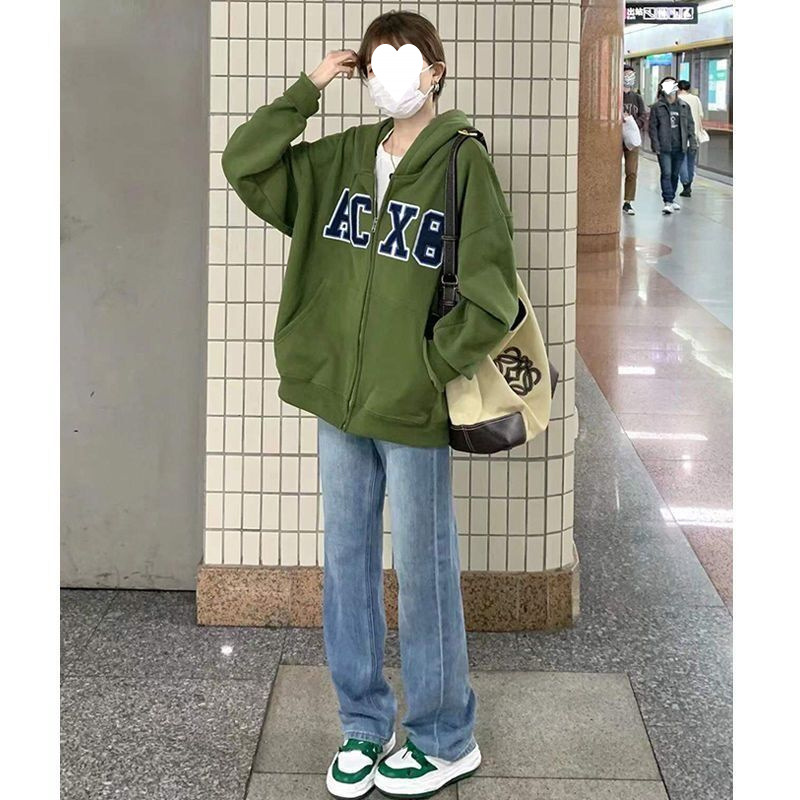 미국식 레트로 그린 스웨터 코트 여자 가을과 겨울 느슨한 캐주얼 올 매치 카디건 후드 야구 의류 INS 트렌디