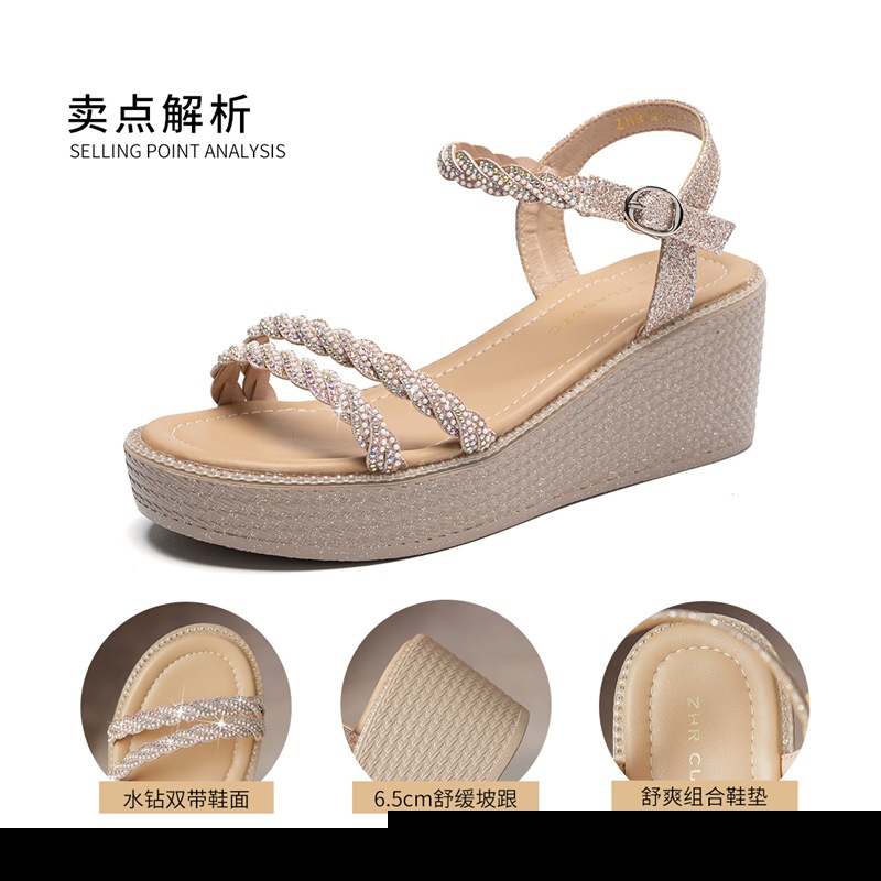 Sandal đế xuồng quai ngang nữ phong cách tiên nữ, gót cao 9 cm — M568 màu sâm panh