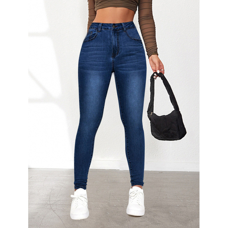 2026 Cross-Border 2026 Blue High-Waisted Skinny Jeans Stretch Jeans Button Placket Jeans