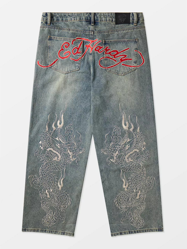 Cross-Border Foreign Trade Trendy Brand Ed Hardy American Retro Pattern Printed Washed Vintage Straight-Leg Jeans for Women Y2K Cross-Border Foreign Trade Trendy Brand Ed Hardy American Retro Pattern Printed Washed Vintage Straight-Leg Jeans for Women Y2K