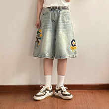 水洗做旧花卉刺绣半松紧腰牛仔短裤男女同款夏季宽松直筒五分裤潮