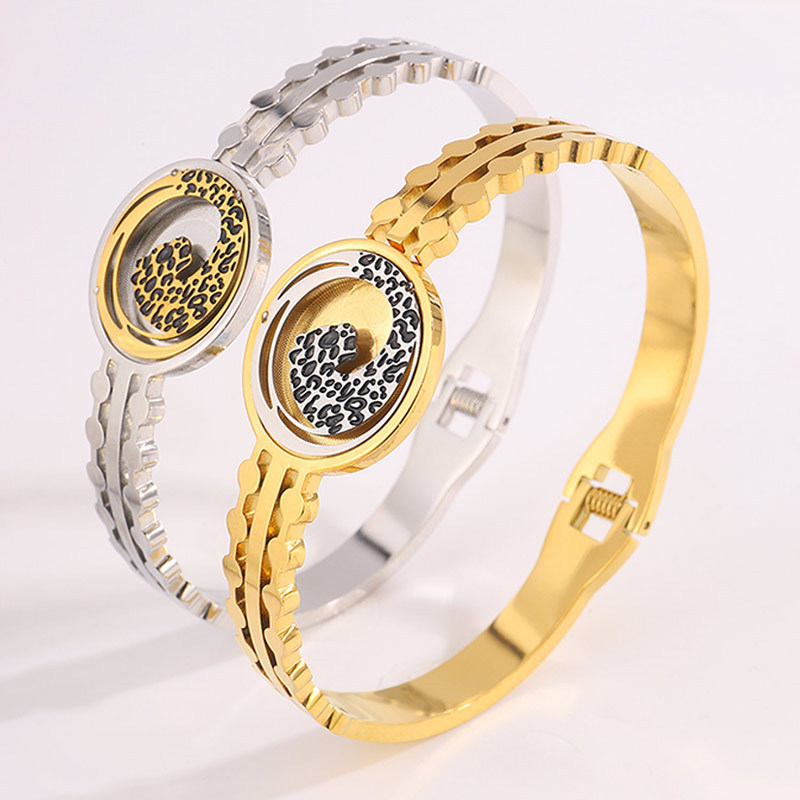 Brazalete de acero de aluminio de aluminio de estilo europeo y americano de moda transfronteriza disco leopardo abierto dominante no se desvanece joyas de brazalete