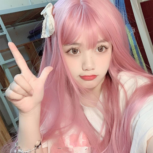 Wig female long hair pink internet celebrity air bangs lolita daily round face cos long straight hair natural full headgear