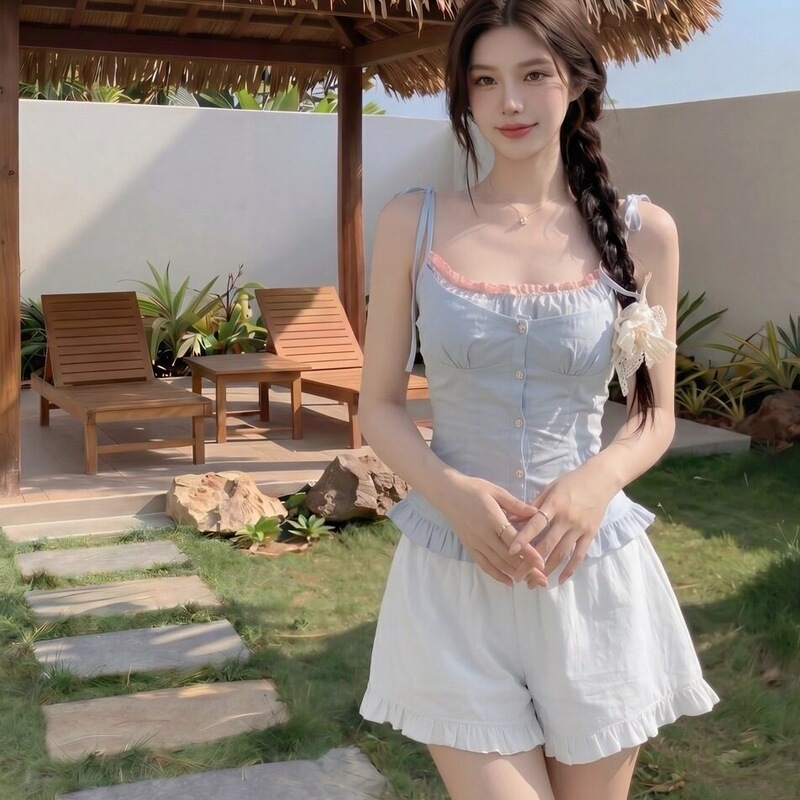 Pure Desire Style Light Blue Lace-Trimmed Camisole Summer Tie-Waist Slimming Single-Breasted Ruffled Short Top Pure Desire Style Light Blue Lace-Trimmed Camisole Summer Tie-Waist Slimming Single-Breasted Ruffled Short Top