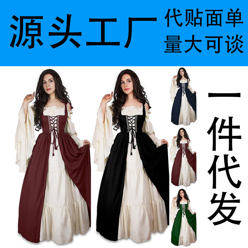 Halloween Costume Amazon Explosions European and American Square Collar Bundle Waist Medieval Renaissance Retro Dress