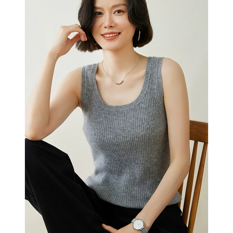 Кашемировый топ с U-образным вырезом для женщин, новая модель осень-зима 2025, облегающий, без рукавов, для многослойных образов