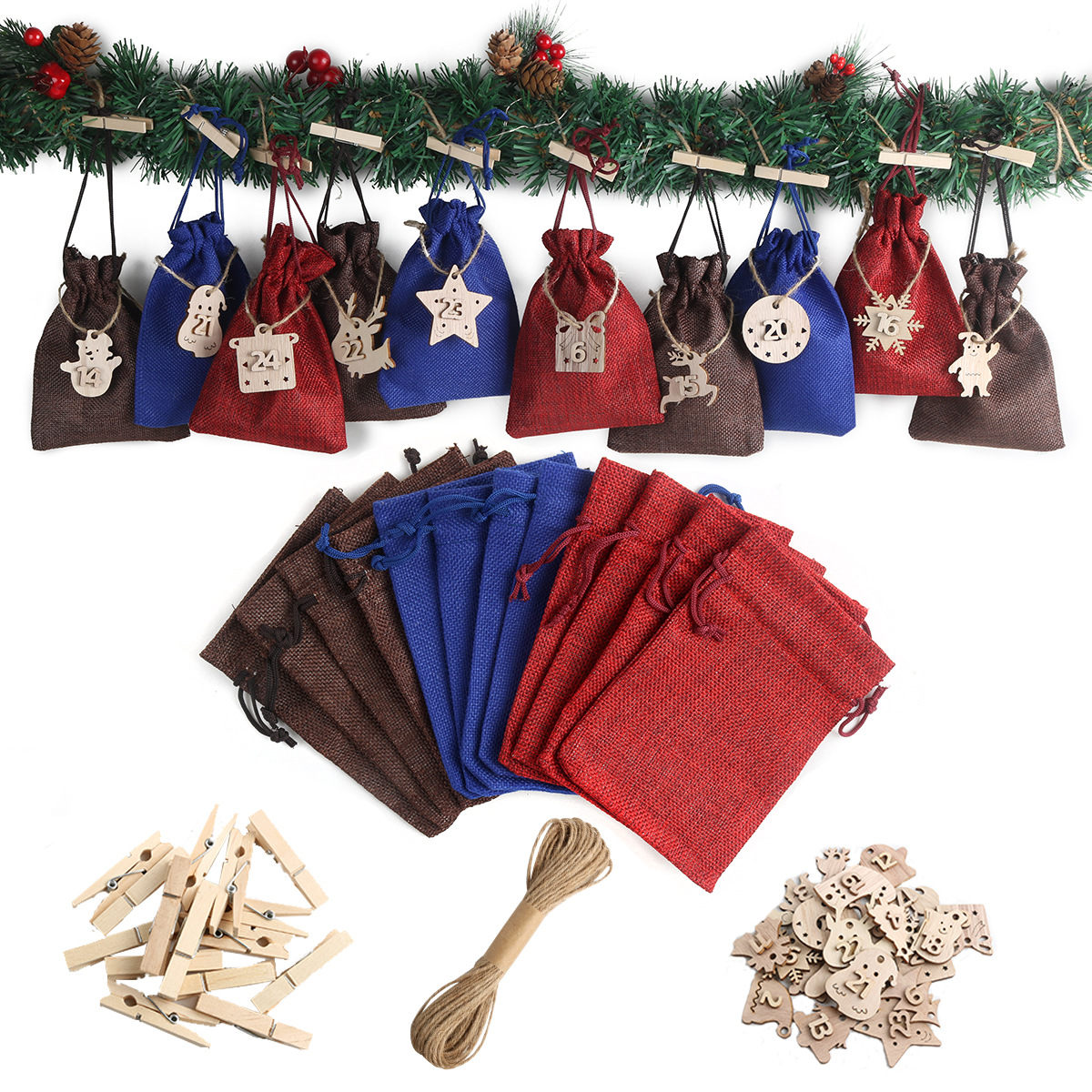 24pc木标签降临日历束口圣诞节麻布袋抽绳糖果包装袋礼品物袋套装