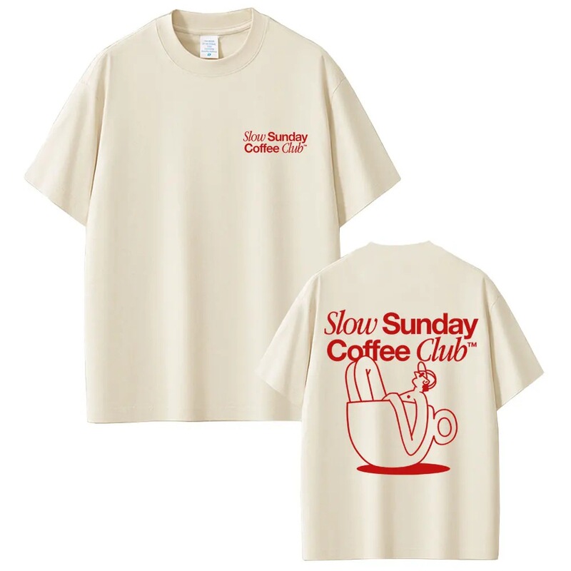Slow Sunday Coffee Club Funny Emoticon T-Shirt Men's and Women's Clothing Casual Retro Cotton Short Sleeve T-Shirt
