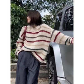 慵懒风七彩撞色条纹软糯温柔日系毛衣女秋冬季复古针织衫上衣外套