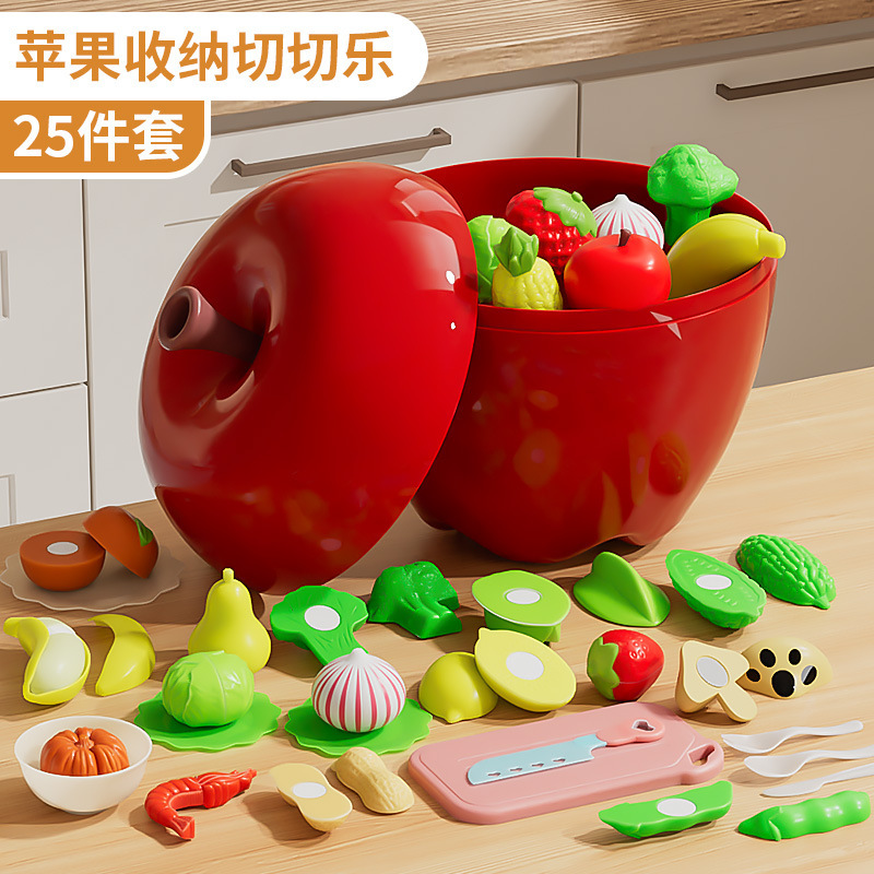 Frutas cortadas y cortadas, cáscaras pelables, juguetes de puzzle para niños, ejercicios cognitivos para bebés, almacenamiento en barril de manzana