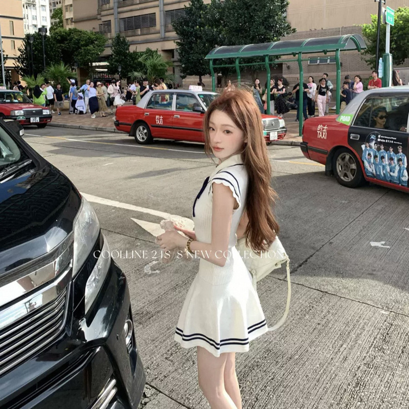 Korean Summer College Navy Style Small Flying Sleeves Soft Waxy Knitted Lace Dress for Women