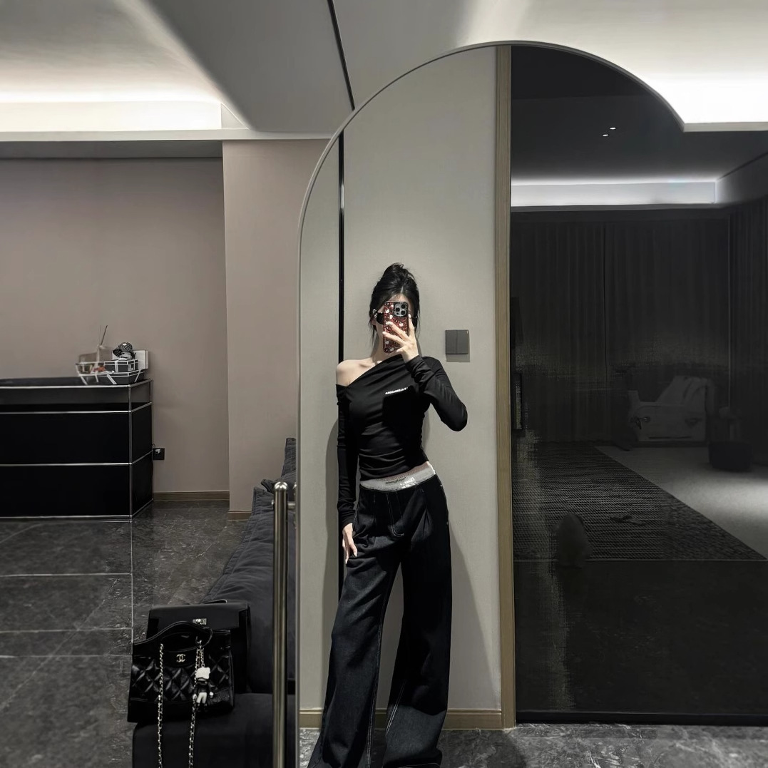 [재고] 난유 가을 레이스 바느질 허리 머리 느슨한 넓은 다리 청바지 여성