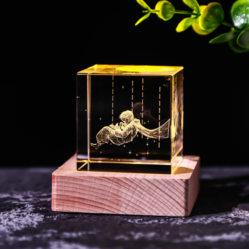 Cubo de cristal decoración interruptor de luz cálida base de madera talla interior Luna Sistema Solar Galaxy decoración de escritorio regalo de niña