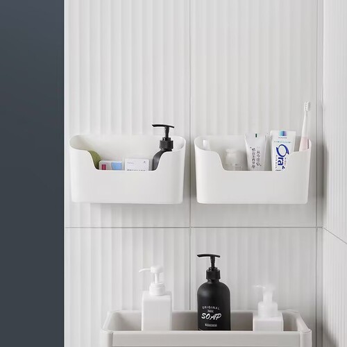 Wall-mounted storage box for the inside of kitchen cabinet doors—no-drill design; cling-film holder for kitchen cabinets; shelf for bathroom and toilet.