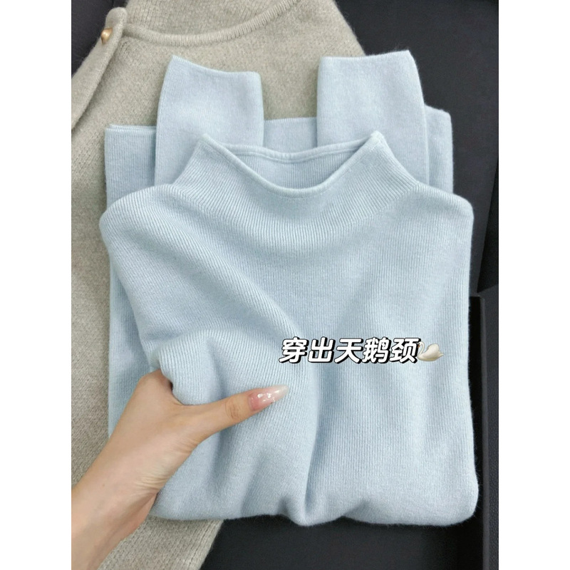 Milk Blue Inner Sweater for Women in Autumn and Winter New Style Half Turtleneck Knitted Bottoming Shirt High-End Outer Wear Top Milk Blue Inner Sweater for Women in Autumn and Winter New Style Half Turtleneck Knitted Bottoming Shirt High-End Outer Wear Top