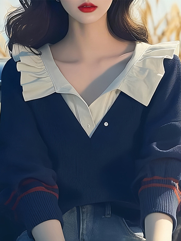 藏蓝色木耳边V领毛针织衫2025早秋季新款女慵懒松弛chic别致上衣|undefined