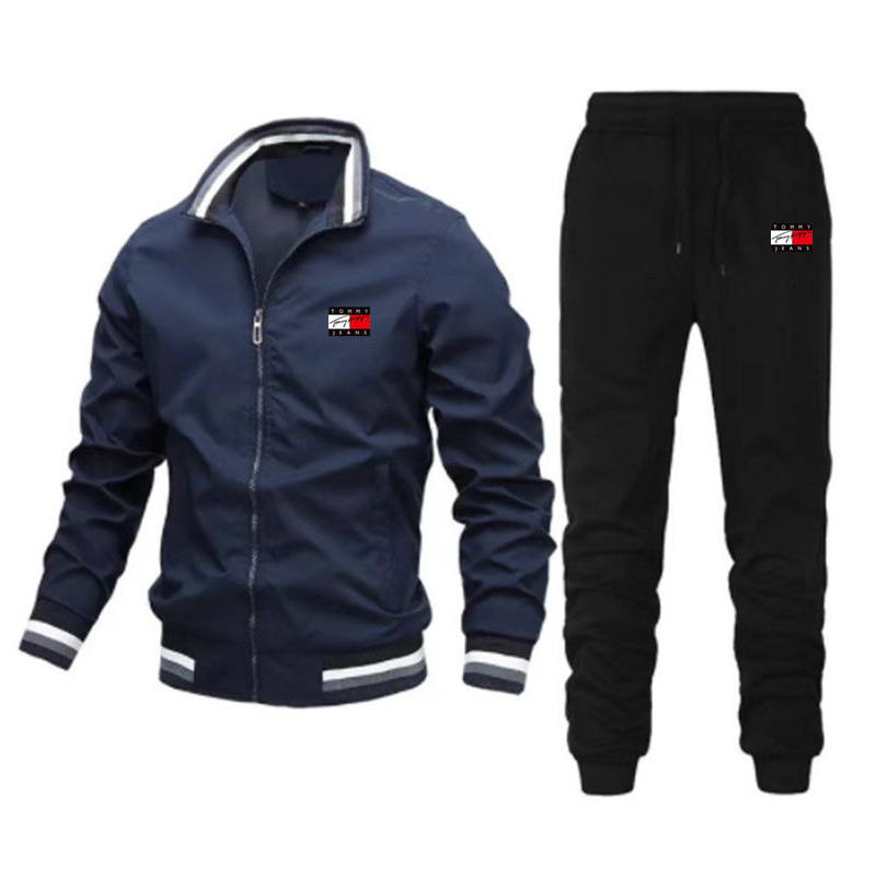 Conjunto de chaqueta informal para hombre 2024 con pantalones de patchwork, chaqueta con cuello alto estilo piloto, conjunto de alta calidad