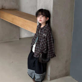 儿童衬衫2025秋韩版帅气印花宽松格子衬衫男童磨毛休闲百搭外套潮