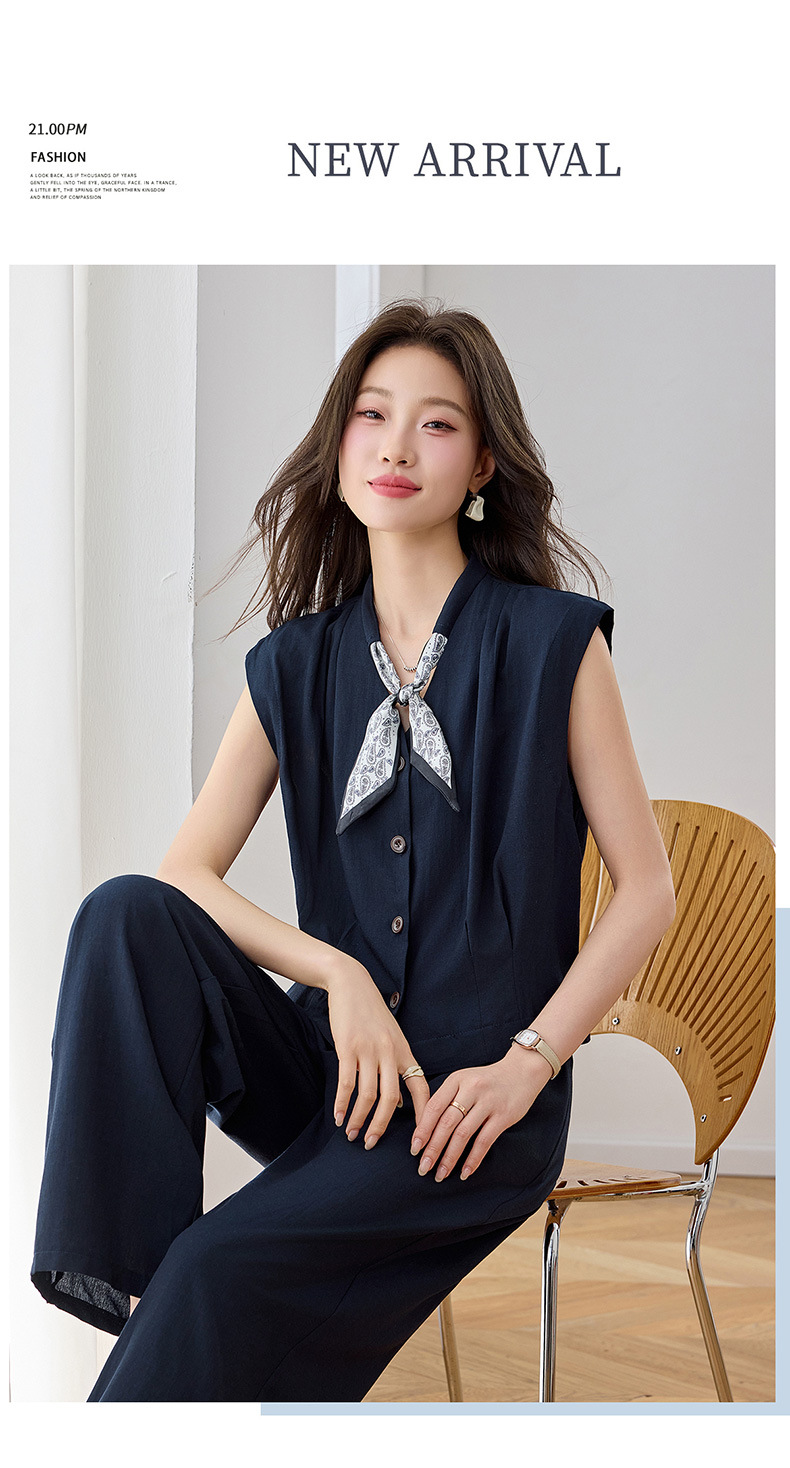 Bộ quần áo hai mảnh mùa hè 2026 gồm áo phối quần ống rộng cao cấp YB2636 — Xanh lông mòng đen, màu trắng chi tiết 6