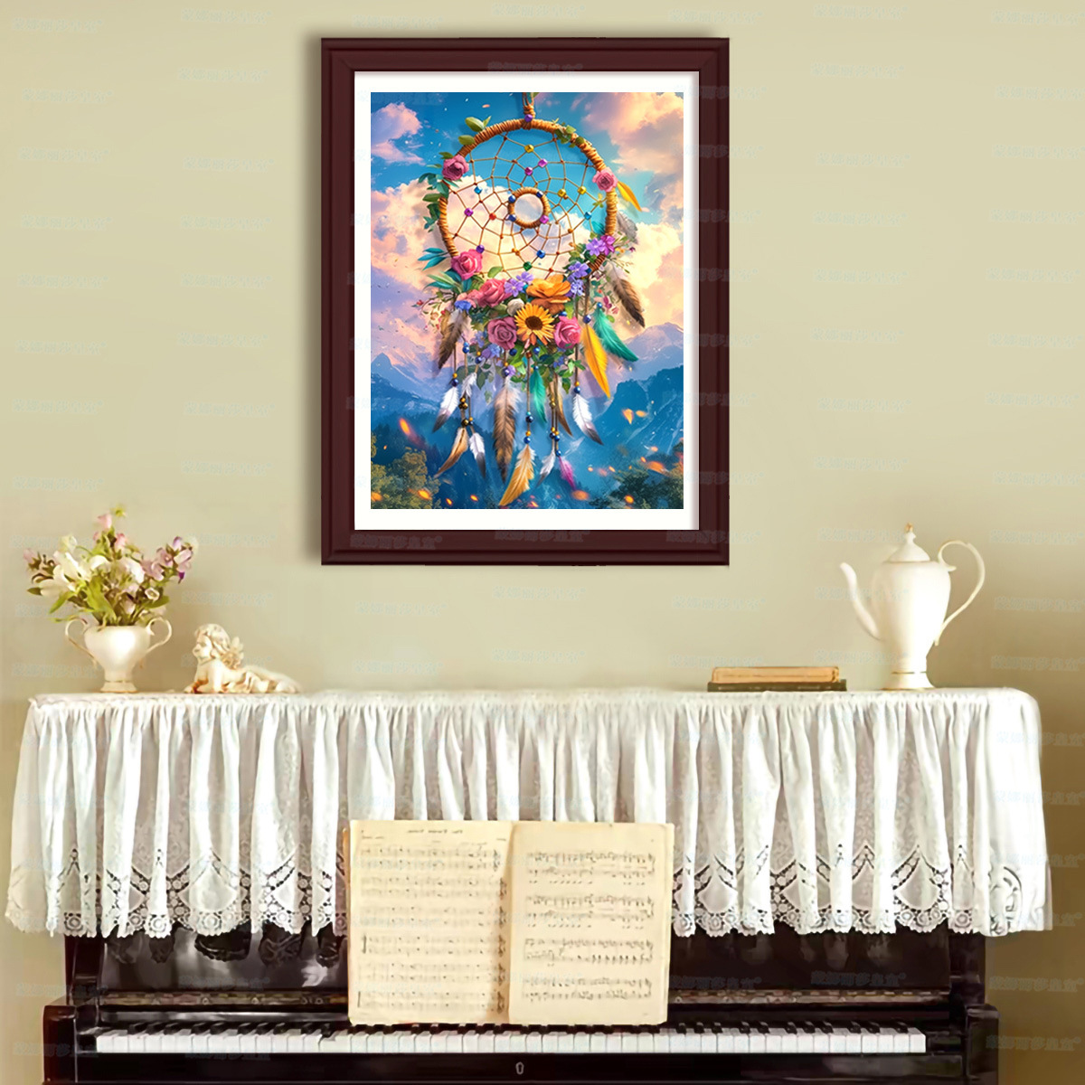 Mona Lisa real red de bordado cruzado atrapadora de sueños y flores nuevas pequeñas flores minimalistas sala de estar línea bordada a mano