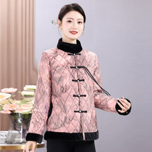 中年复古中国风加绒加厚小花棉袄女装秋冬盘扣棉服上衣网红款外套