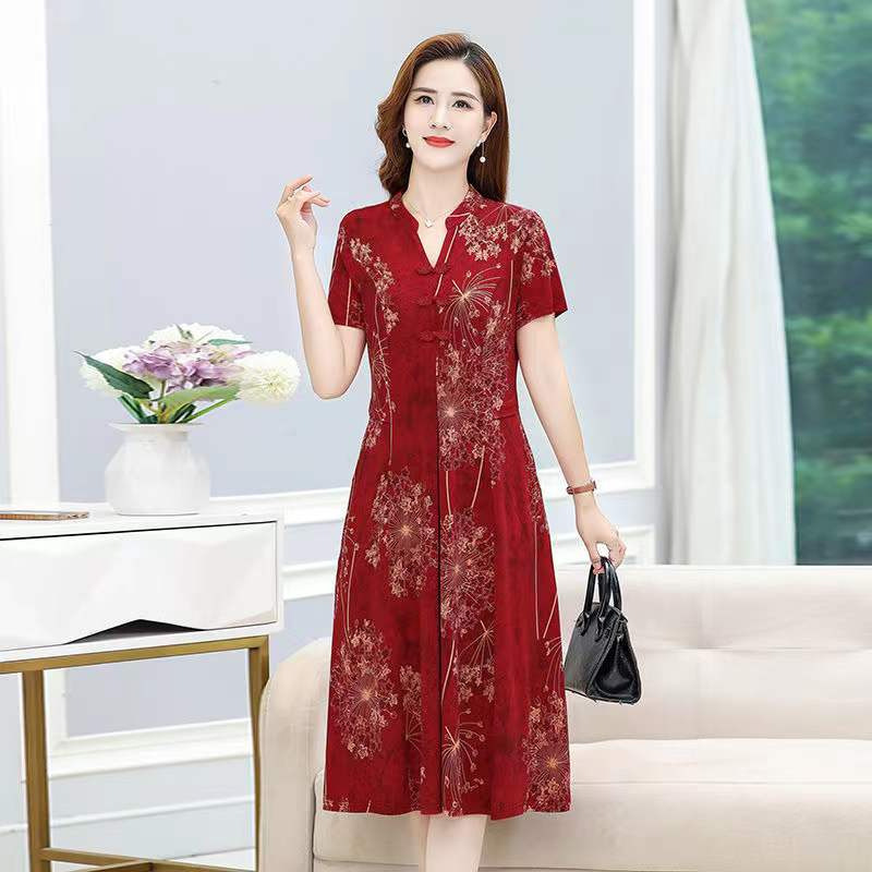 High-Quality Buckle Ice Silk Cheongsam Summer Middle-Aged and Elderly Mothers' Clothing Women's New High-End Western-Style Cheongsam Dress for Women