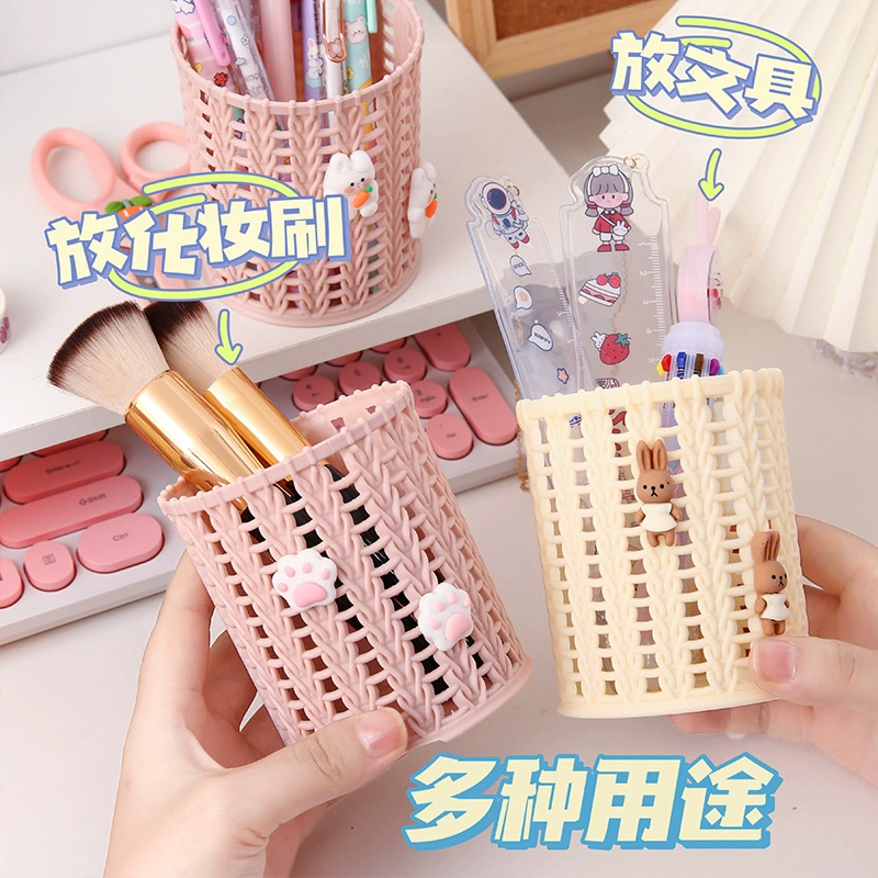 Honghui Cute ins Girl Heart Имитация ротанга Пластиковый держатель для ручек Студенческий Настольный держатель для хранения канцелярских принадлежностей Ящик для хранения косметических кистей