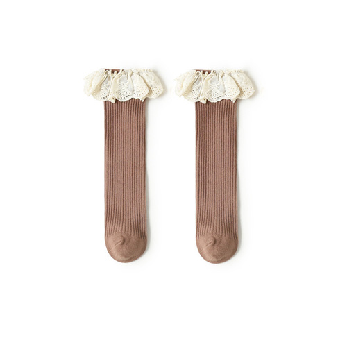New  Korean-style children's socks for girls, suitable for spring and autumn, no-heel mid-calf socks with lace, versatile baby cotton socks