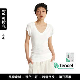 捷展女装|莱赛尔Tencel V领堆堆T恤26夏季7A抗菌修身显瘦短袖t恤