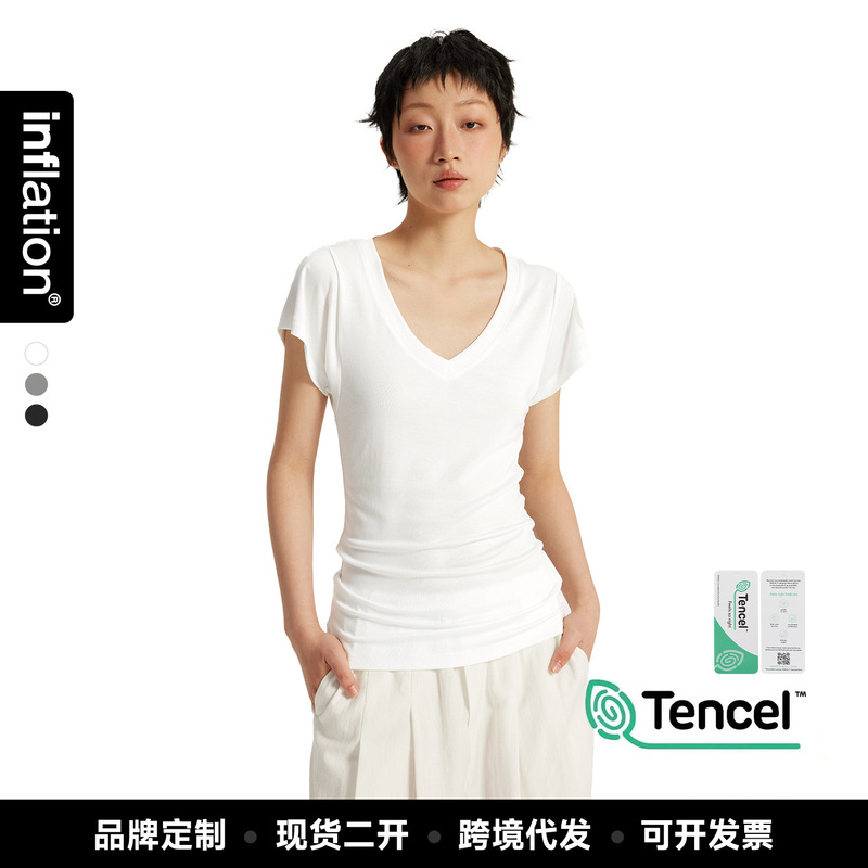 Jie Zhan Women's Clothing | Lyocell V-Neck Layered T-Shirt 2026 Summer 7A Antibacterial Slim-Fit Short-Sleeve T-Shirt Top Jie Zhan Women's Clothing | Lyocell V-Neck Layered T-Shirt 2026 Summer 7A Antibacterial Slim-Fit Short-Sleeve T-Shirt Top