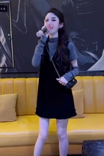 韩版气质休闲波点长袖恤背带连衣裙女装秋冬新款小个子套装