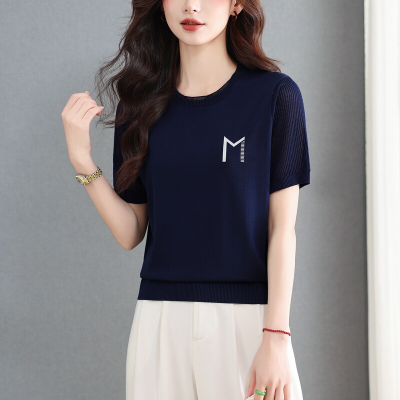 Trendy Lightweight Knit Short-Sleeve Top for Women, Summer New Style, Loose Hollow-Out Ice Silk Shirt, Round Neck Mulberry Silk T-Shirt