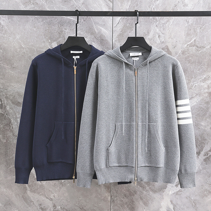 2026 Spring and Autumn Tb New Style Four-Stripe Hooded Double-Zipper Knit Jacket College Style Unisex Cardigan