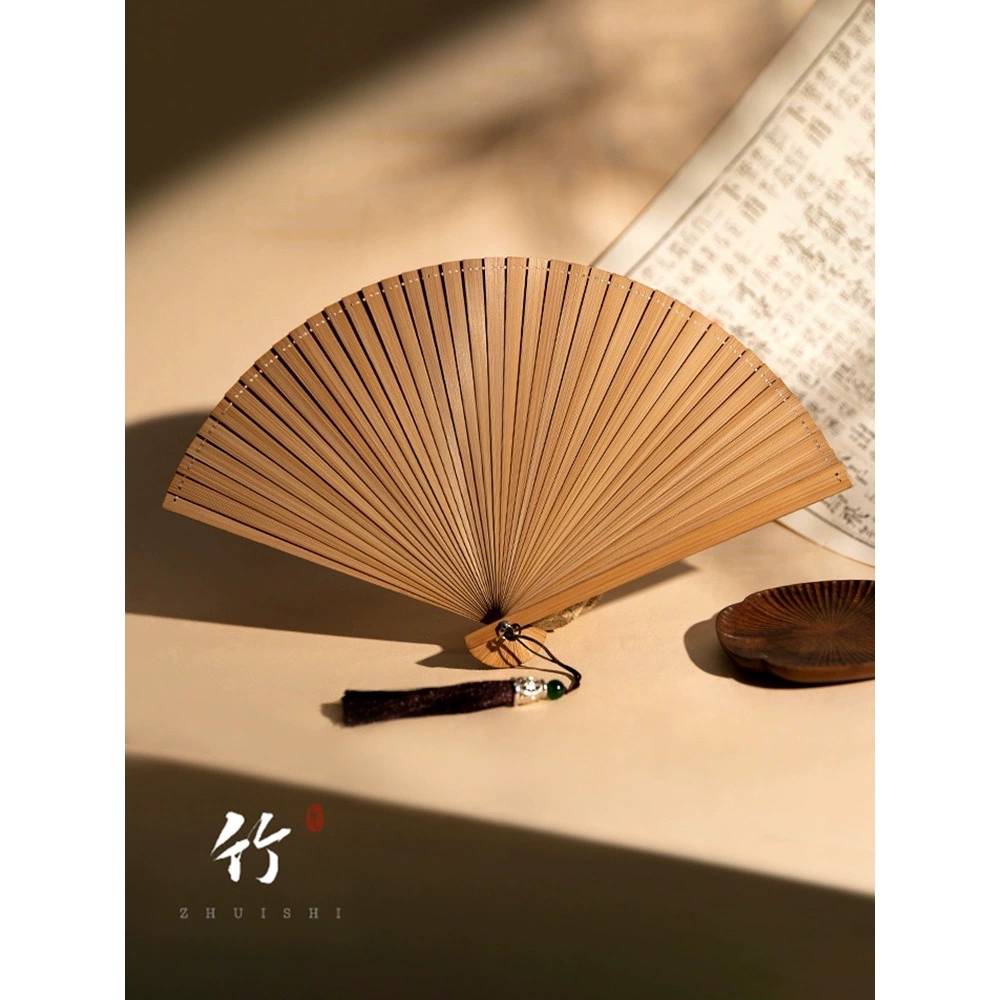 Складной веер из бамбука, древний веер, летний танцевальный веер в китайском стиле династии Хань, портативный, компактный черный складной бамбуковый веер